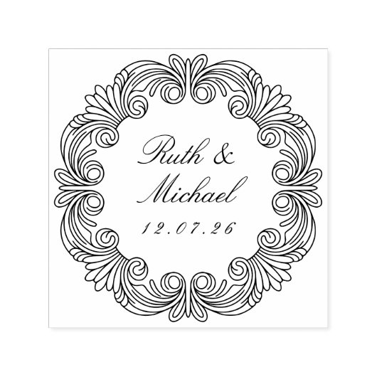 Elegante Barokke Scroll Trouwdatum & Namen Zelfinktende Stempel (Design)