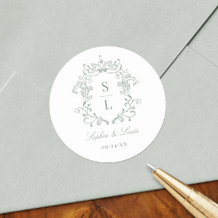 Elegante Barokke Wapen Monogram Trouw in Saliegroe Ronde Sticker