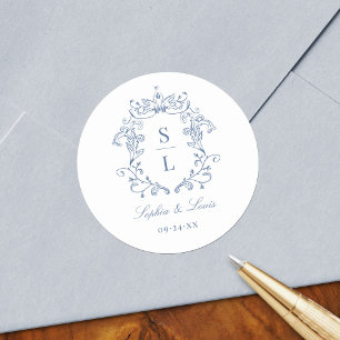 Elegante Barokke Wapenschild Monogram Blauwe Huwel Ronde Sticker