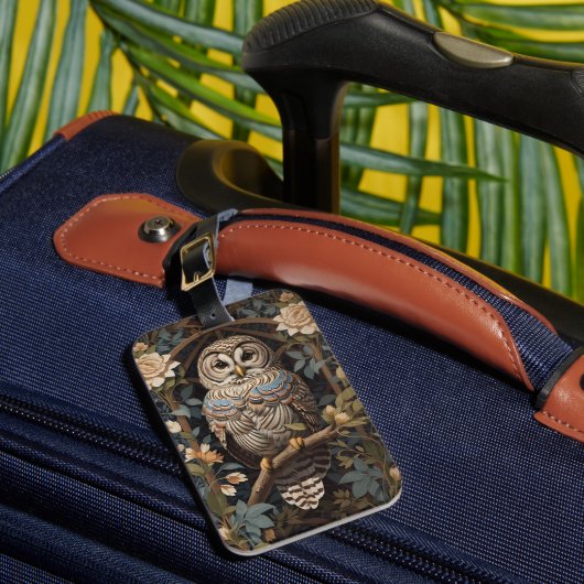 Elegante Barred Owl William Morris Geïnspireerd Bagagelabel (Voorkant Insitu 1)