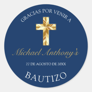 Elegante Bautismo de Bebé Azul Dorado Gracias Ronde Sticker