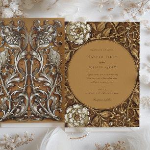 Elegante Beige Art Nouveau Bloemenbruiloft Kaart