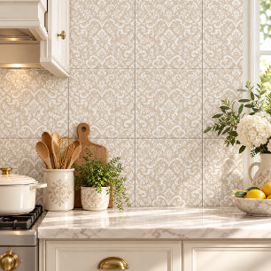 Elegante Beige Bloemendamask Keramische Tegel Tegeltje