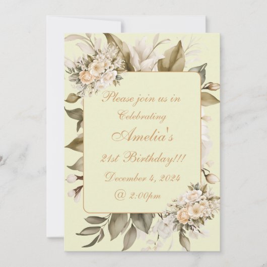 Elegante Beige Boho Bloemen Verjaardag Uitnodiging (Voorkant)