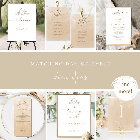 Elegante Beige Cream Waterverf Monogrammed Wedding Menu