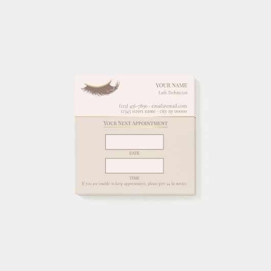 Elegante beige en gouden wimperafspraak post-it® notes (Voorkant)