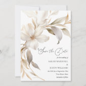 Elegante Beige en Witte Waterverf Bloemenbruiloft Save The Date (Voorkant)