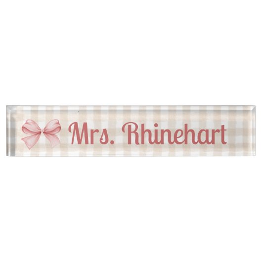 Elegante Beige Gingham met Bow Accent Custom Naambordje (Voorkant)