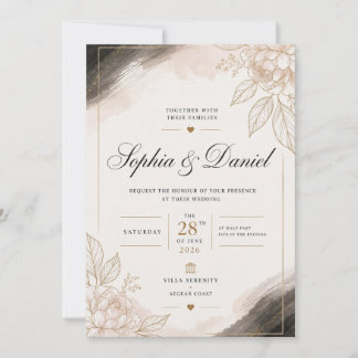 Elegante Beige & Gouden Bloemen Bruiloftsinvatie Kaart