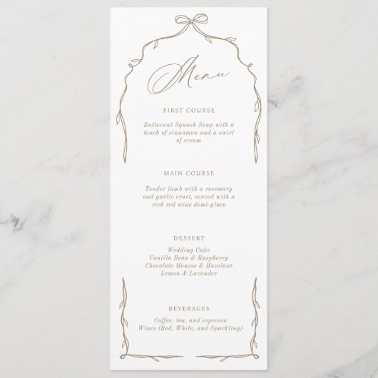 Elegante Beige Hand getrokken strik & lint bruilof Menu (Voorkant)