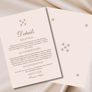 Elegante Beige Pink Pearl Wedding Details Informatiekaartje