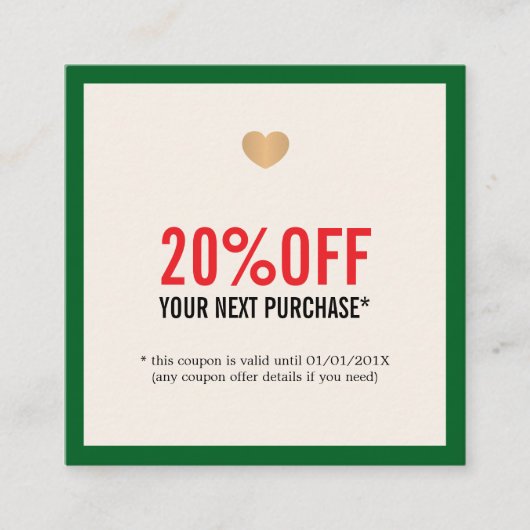 Elegante Beige Red Green Heart Salon Vakantie Kortingskaartje (Voorkant)