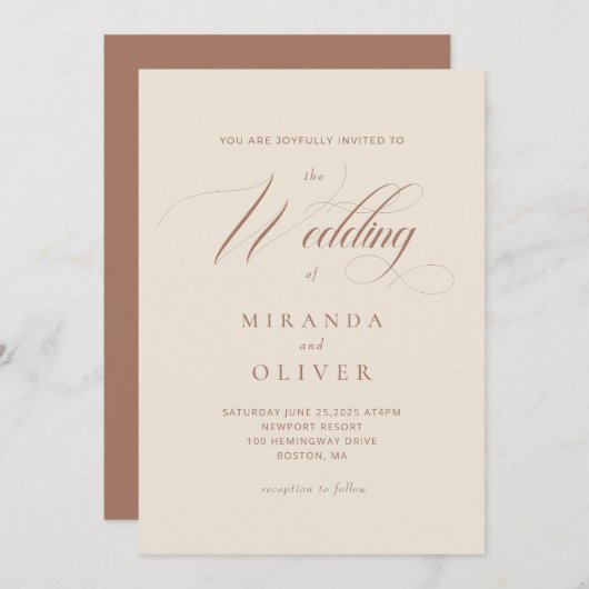 Elegante Beige Script bruiloft uitnodiging (Voorkant / Achterkant)