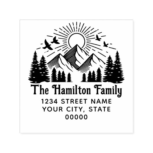 Elegante Bergen Bomen Zon Vogels #2 Naam Adres Zelfinktende Stempel (Design)