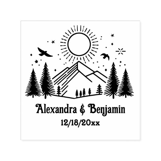 Elegante Bergen Bomen Zon Vogels Paar Naam Datum Zelfinktende Stempel (Design)