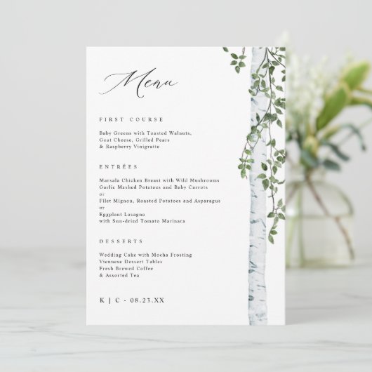 Elegante berk boom Aspen groen bruiloft menu (Staand voorkant)