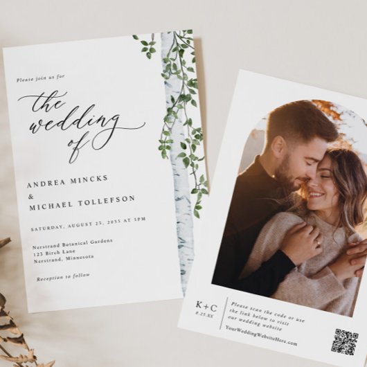 Elegante Berkenboom Boho Foto Bruiloft Kaart