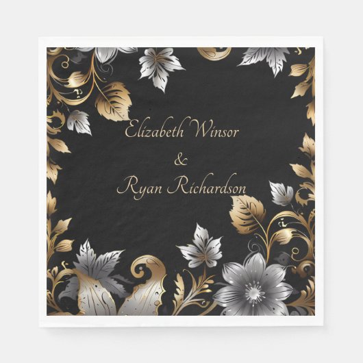 Elegante Black and Gold Floral bruiloft uitnodigin Servet (Voorkant)