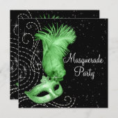 Elegante Black and Lime Green Masquerade Party Kaart (Voorkant / Achterkant)