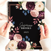 Elegante Black and Plum Floral Custom Name Planner