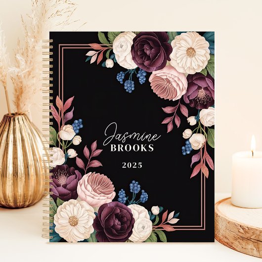 Elegante Black and Plum Floral Custom Name Planner
