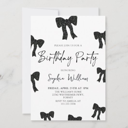 Elégante Black Bow Anniversaire Fête Invitation (Devant)
