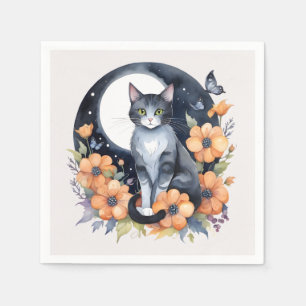 Elegante Black Cat Floral Moon Art - Natuur-inspir Servet