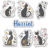 Elegante Black Cat Stickers met bewerkbare naam (Voorkant)