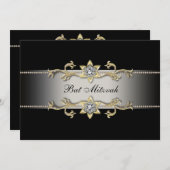 Elegante Black Diamond Gold Bat Mitswa Uitnodiging (Voorkant / Achterkant)