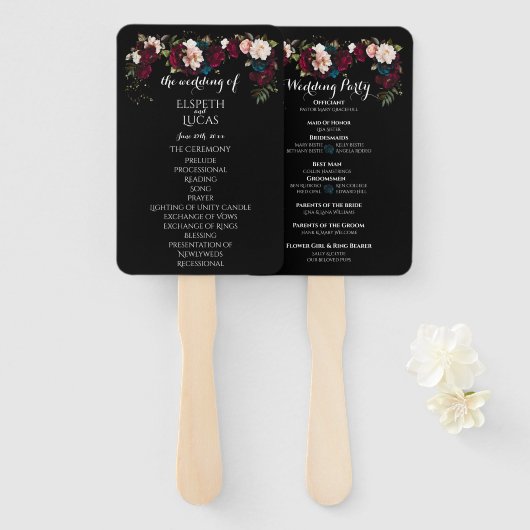 Elegante Black Floral Wedding Program Set van fans Handwaaier (Voorkant en achterkant)