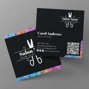 Elegante Black & Glitter Kapsalon Qr Code Logo Vierkante Visitekaartje
