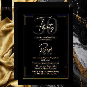 Elegante Black Gold 30e Verjaardag Art Deco Feestj Folie Uitnodiging