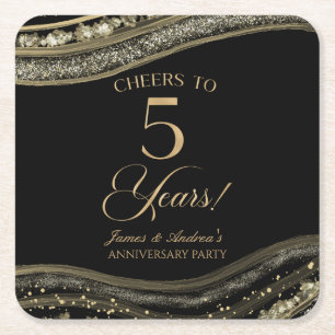Elegante Black Gold Agaat 5e Jubileum Party Vierkante Kartonnen Onderzetter