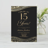 Elegante Black Gold Agate 15e verjaardagsfeest Kaart (Staand voorkant)