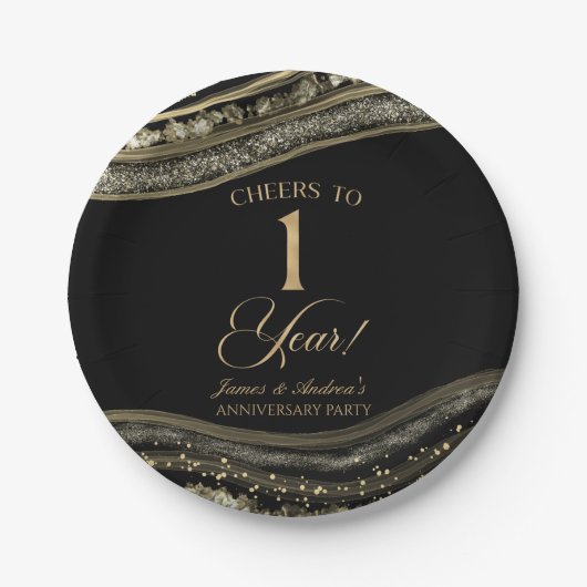 Elegante Black Gold Agate 1e Jubileum Party Papieren Bordje (Voorkant)