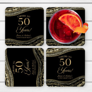 Elegante Black Gold Agate 50e Jubileum Party Vierkante Kartonnen Onderzetter