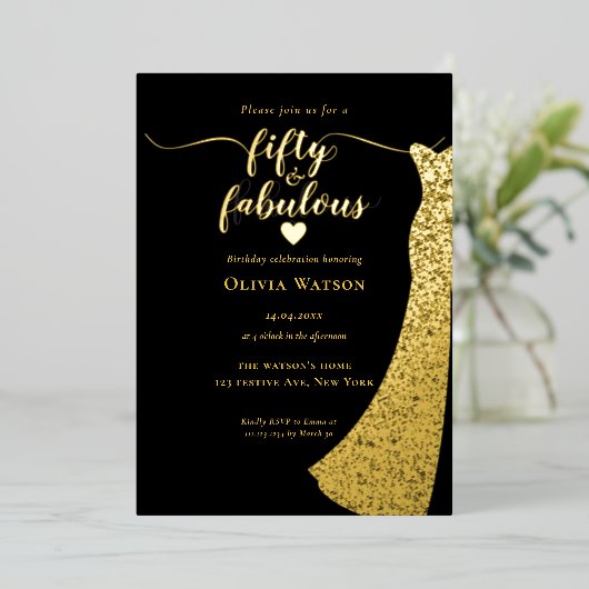 Elegante Black Gold Gown 50 en fantastische verjaa Folie Uitnodiging (Staand Voorkant)