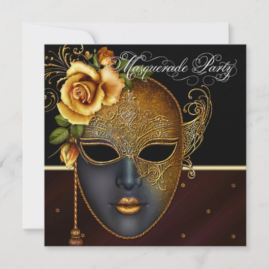 Elegante Black Gold Masquerade Party Uitnodigingen (Voorkant)