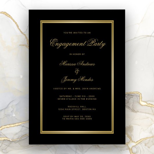 Elegante Black Gold Script Engagement Party Kaart