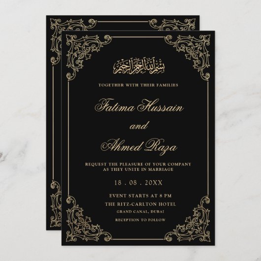 Elegante Black Gold Script Moslim bruiloft Kaart (Voorkant / Achterkant)
