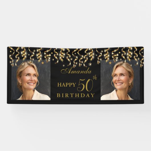 Elegante Black & Gold Surprise Verjaardagsfeestje Spandoek (Horizontaal)