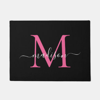 Elegante Black Hot Pink Custom Monogram Script Naa Deurmat