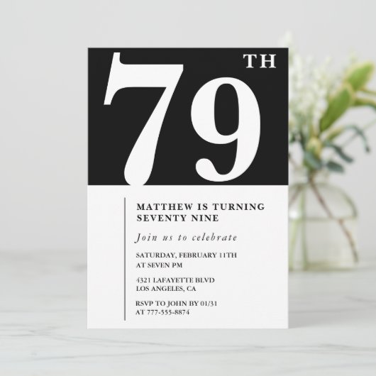 Elegante Black White 79e verjaardag uitnodiging (Staand voorkant)