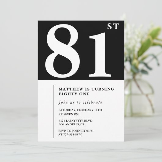 Elegante Black White 81e verjaardag uitnodiging (Staand voorkant)