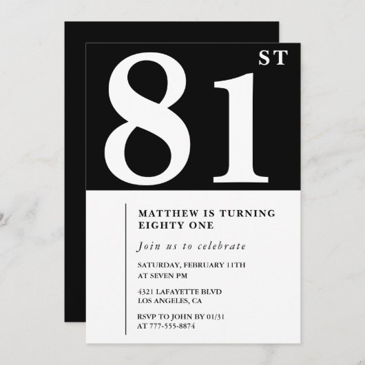 Elegante Black White 81e verjaardag uitnodiging (Voorkant / Achterkant)