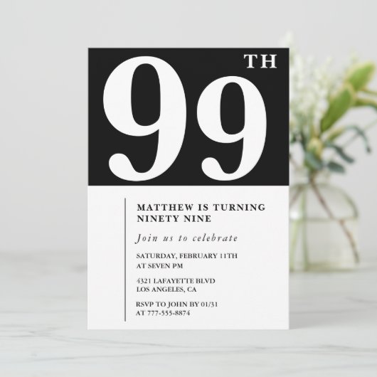 Elegante Black White 99ste verjaardag uitnodiging (Staand voorkant)