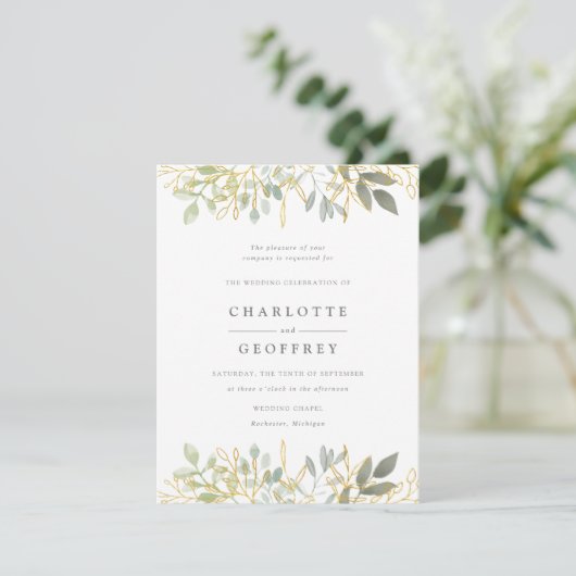 Elegante bladeren en gouden bruiloft uitnodiging (Staand voorkant)