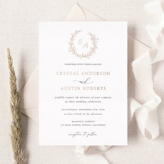 Elegante Bladerkrans Monogram Blad Bruiloft Folie Uitnodiging