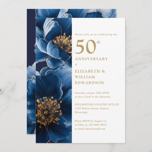 Elegante Blauw en Gouden Bloemen 50ste Jubileum Kaart (Voorkant / Achterkant)