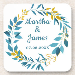 Elegante Blauw Goud Blad Gepersonaliseerde bruilof Bier Onderzetter